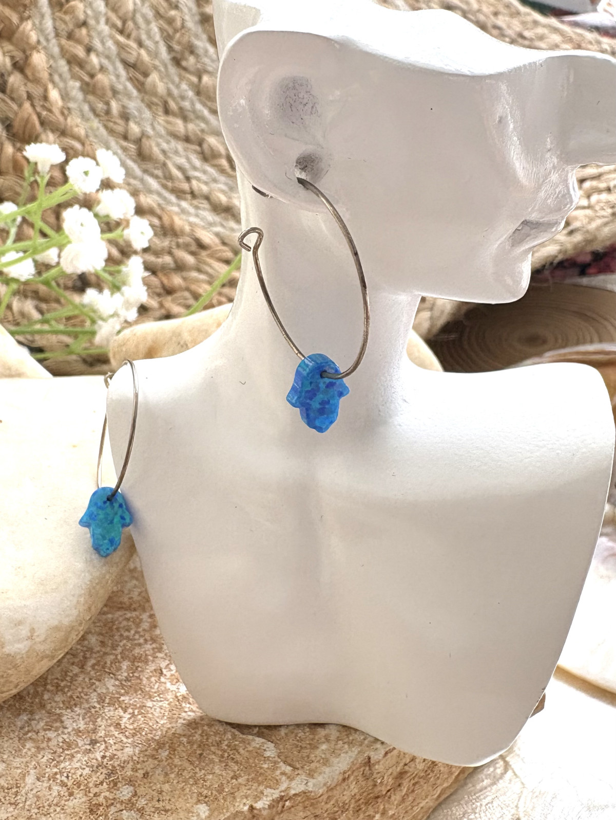 עגילי כסף 925 חישוק  תליון חמסה אופל נופל