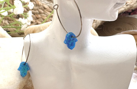 עגילי כסף 925 חישוק  תליון חמסה אופל נופל